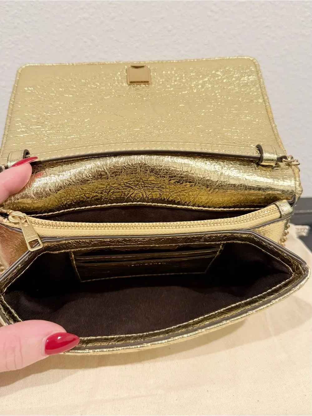 ✨ Tory Burch Kira Metallic Moto Gold Quilted Chain Clutch Wallet Crossbody Bag
